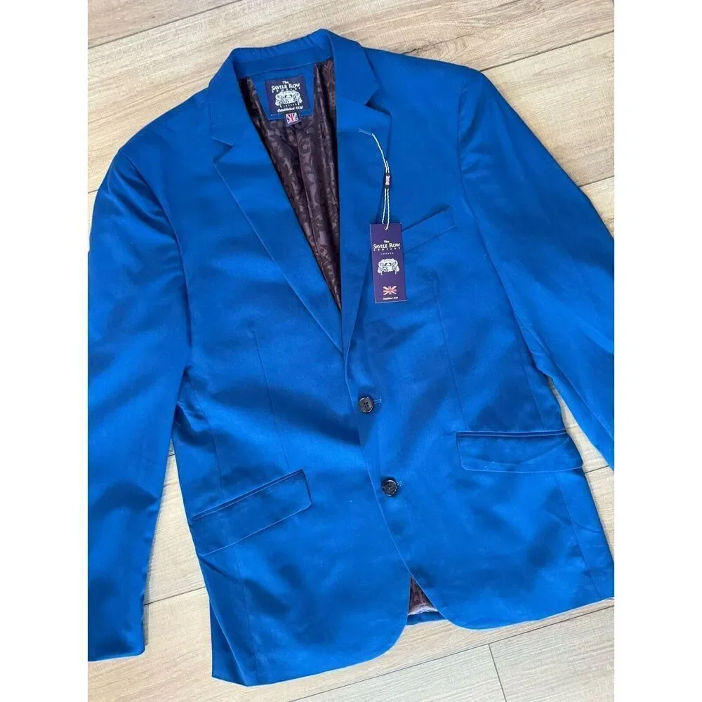 wedding‎ The Savile Row Brit Slim Fit Coat Jacket Mens 40 R Blue 2 Button Blazer